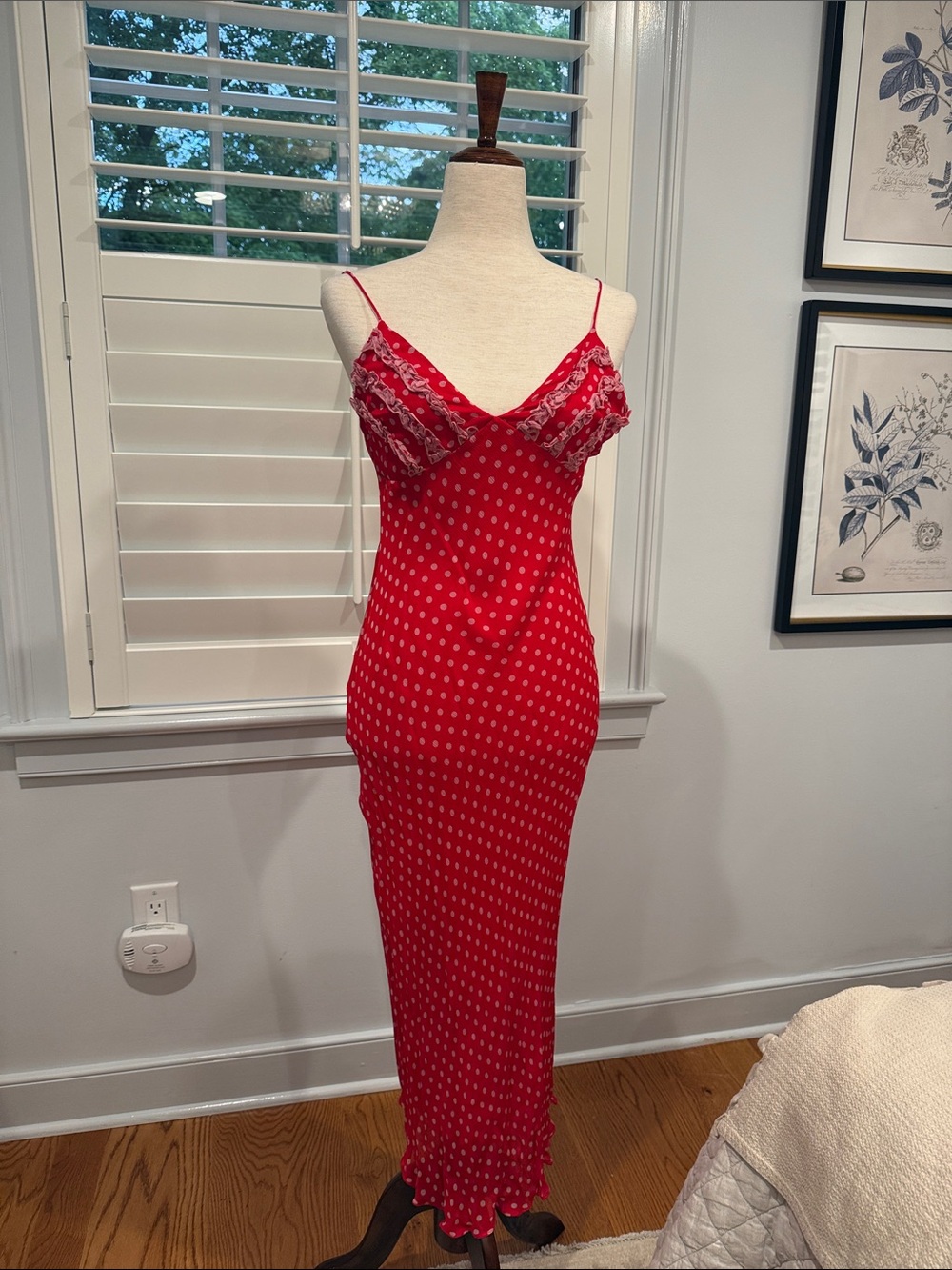 Rouje Red Polka Dot Slip Maxi Dress with Lace Bodice